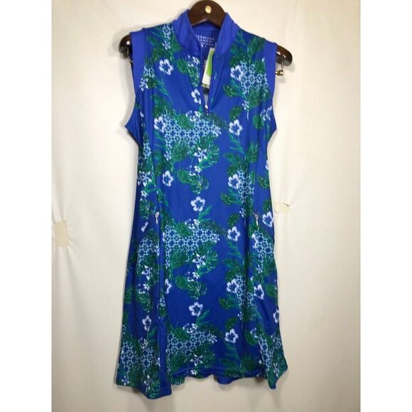Bermuda Sands Sleeveless Print Dazzling Blue Dress Zipper Pockets Size Medium - Picture 1 of 8